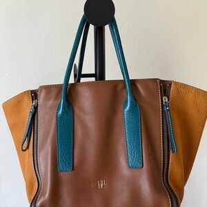 Carolina Herrera Brown and Teal Leather Tote Bag